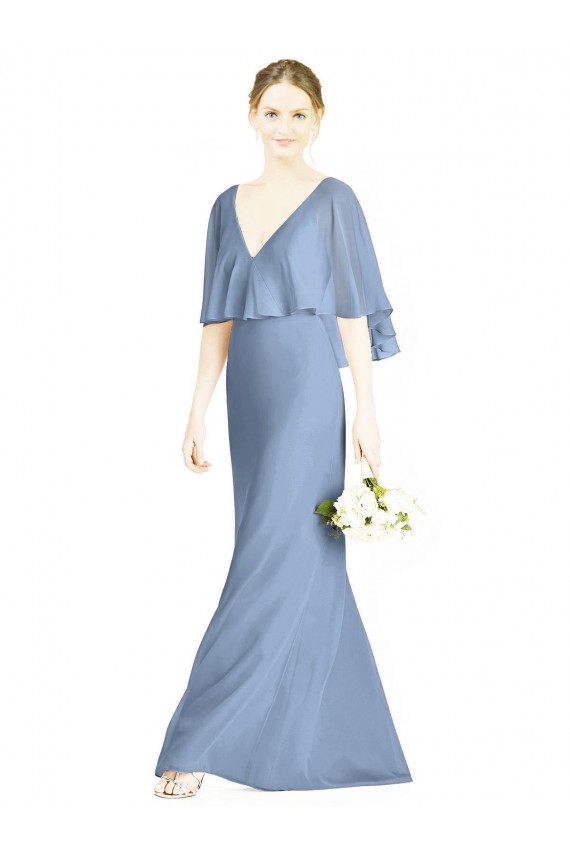 Compre Azul polvoriento Trompeta Cuello en V Gasa Largo Vestidos de dama de honor
