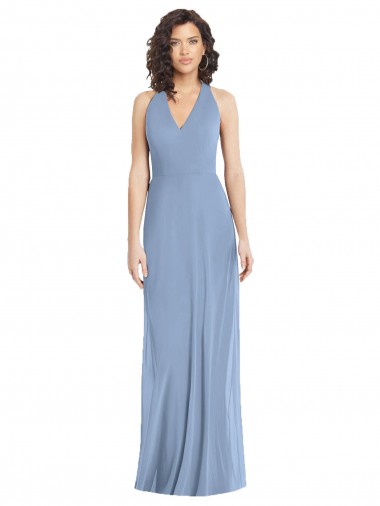 Compre Azul polvoriento Trompeta Halter Cuello en V Gasa Largo Formales Vestidos de dama de honor / Vestidos de noche