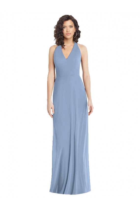 Compre Azul polvoriento Trompeta Halter Cuello en V Gasa Largo Formales Vestidos de dama de honor / Vestidos de noche