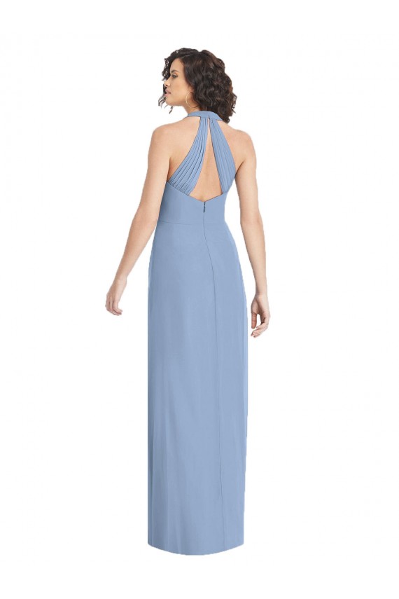 Compre Azul polvoriento Trompeta Halter Cuello en V Gasa Largo Formales Vestidos de dama de honor / Vestidos de noche