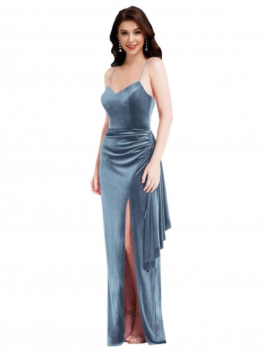 Compre Azul polvoriento Trompeta Tirantes espagueti Terciopelo Elástico Largo Formales Vestidos de dama de honor / Vestidos de fiesta