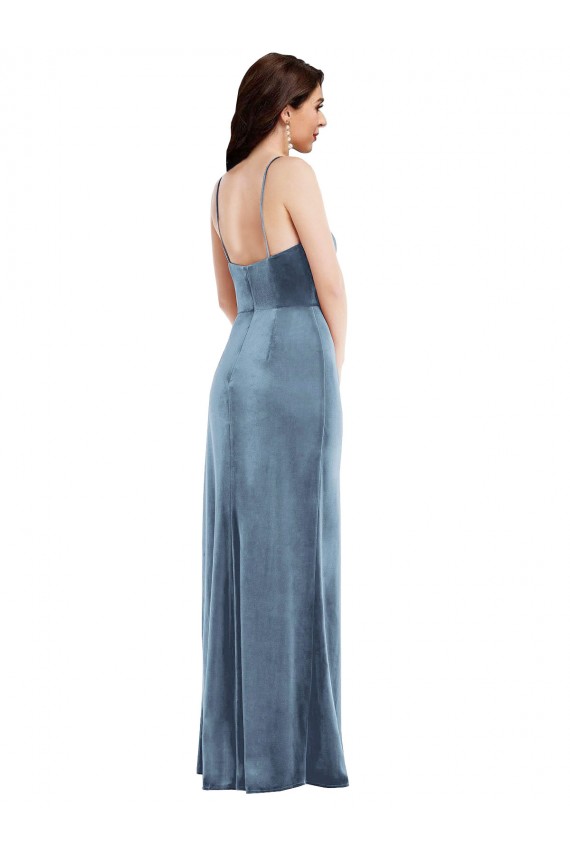 Compre Azul polvoriento Trompeta Tirantes espagueti Terciopelo Elástico Largo Formales Vestidos de dama de honor / Vestidos de fiesta