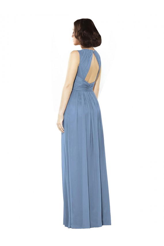 Compre Azul polvoriento línea A Barco Gasa Largo Vestidos de dama de honor