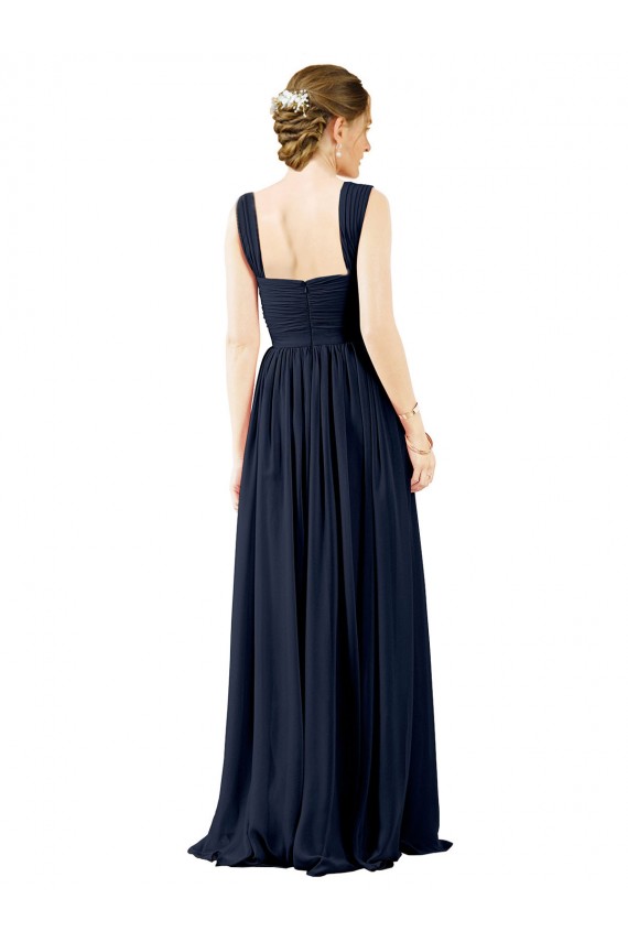 Compre Azul polvoriento línea A Cuadrado Gasa Largo Vestidos de dama de honor