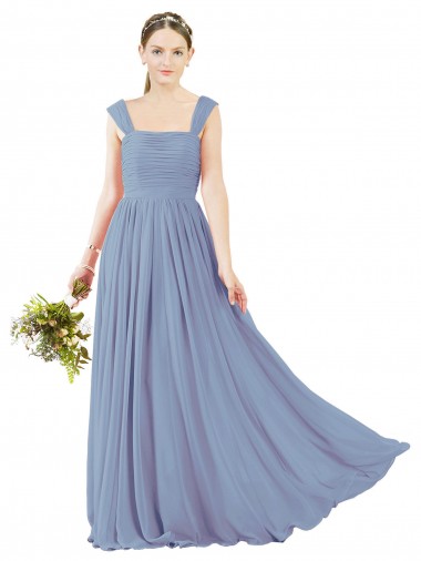 Compre Azul polvoriento línea A Cuadrado Gasa Largo Vestidos de dama de honor