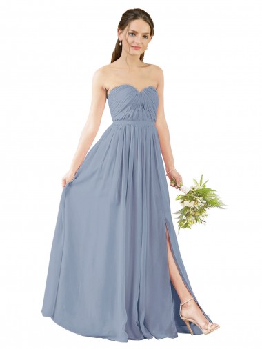 Compre Azul polvoriento línea A Cuello de Corazón Gasa Largo Vestidos de dama de honor