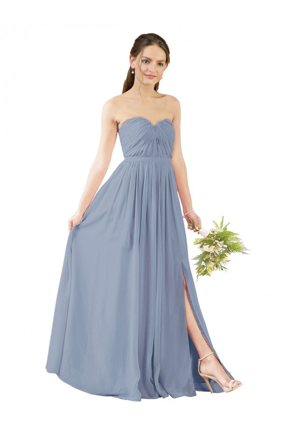 Compre Azul polvoriento línea A Cuello de Corazón Gasa Largo Vestidos de dama de honor