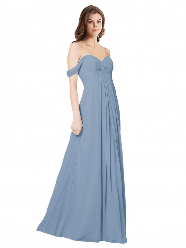 Compre Azul polvoriento línea A Cuello de Corazón Gasa Largo Vestidos de dama de honor