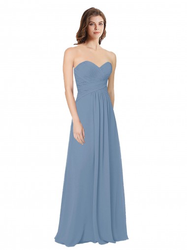 Compre Azul polvoriento línea A Cuello de Corazón Gasa Largo Vestidos de dama de honor