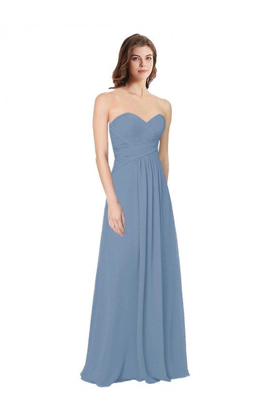 Compre Azul polvoriento línea A Cuello de Corazón Gasa Largo Vestidos de dama de honor