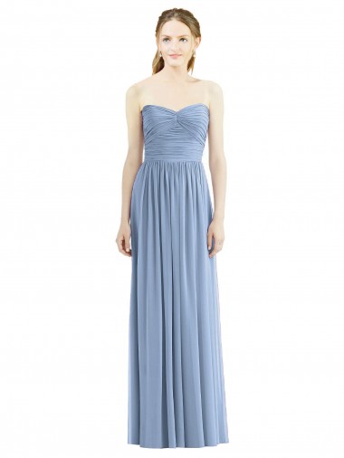 Compre Azul polvoriento línea A Cuello de Corazón Sin tirantes Gasa Largo Vestidos de dama de honor