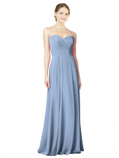 Compre Azul polvoriento línea A Cuello de Corazón Sin tirantes Gasa Largo Vestidos de dama de honor