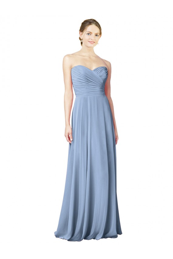 Compre Azul polvoriento línea A Cuello de Corazón Sin tirantes Gasa Largo Vestidos de dama de honor