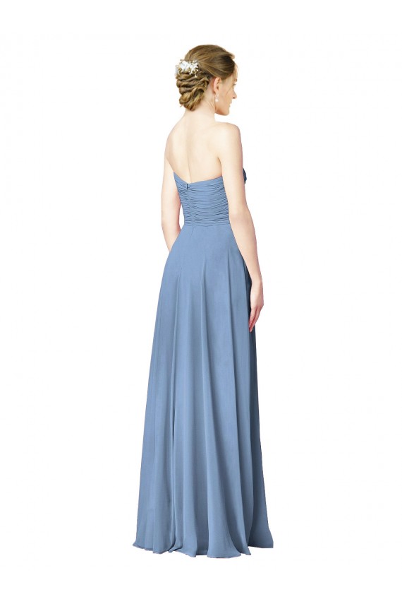 Compre Azul polvoriento línea A Cuello de Corazón Sin tirantes Gasa Largo Vestidos de dama de honor