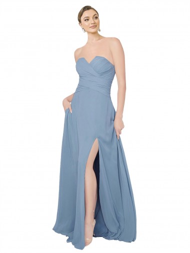 Compre Azul polvoriento línea A Cuello de Corazón Sin tirantes Gasa Largo Vestidos de dama de honor