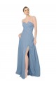 Compre Azul polvoriento línea A Cuello de Corazón Sin tirantes Gasa Largo Vestidos de dama de honor