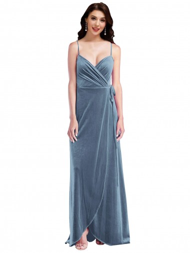 Compre Azul polvoriento línea A Cuello de Corazón Terciopelo Elástico Largo Vestidos de dama de honor / Vestidos de fiesta