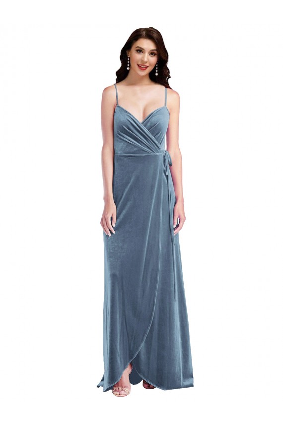 Compre Azul polvoriento línea A Cuello de Corazón Terciopelo Elástico Largo Vestidos de dama de honor / Vestidos de fiesta