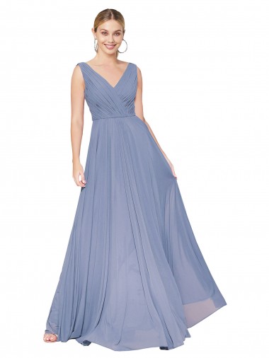 Compre Azul polvoriento línea A Cuello en V Cuello Alto Gasa Largo Formales Vestidos de dama de honor / Vestidos de fiesta