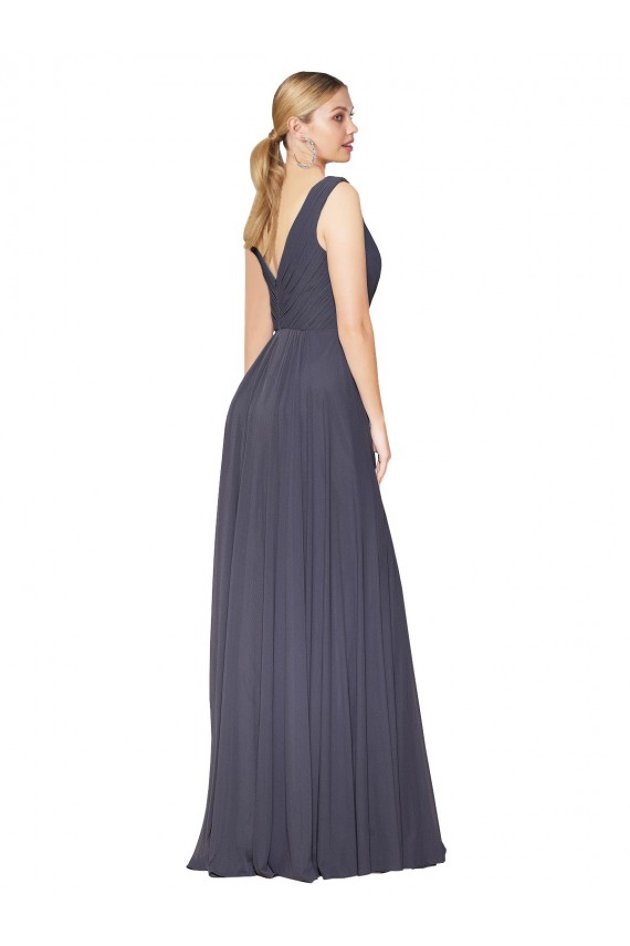 Compre Azul polvoriento línea A Cuello en V Cuello Alto Gasa Largo Formales Vestidos de dama de honor / Vestidos de fiesta