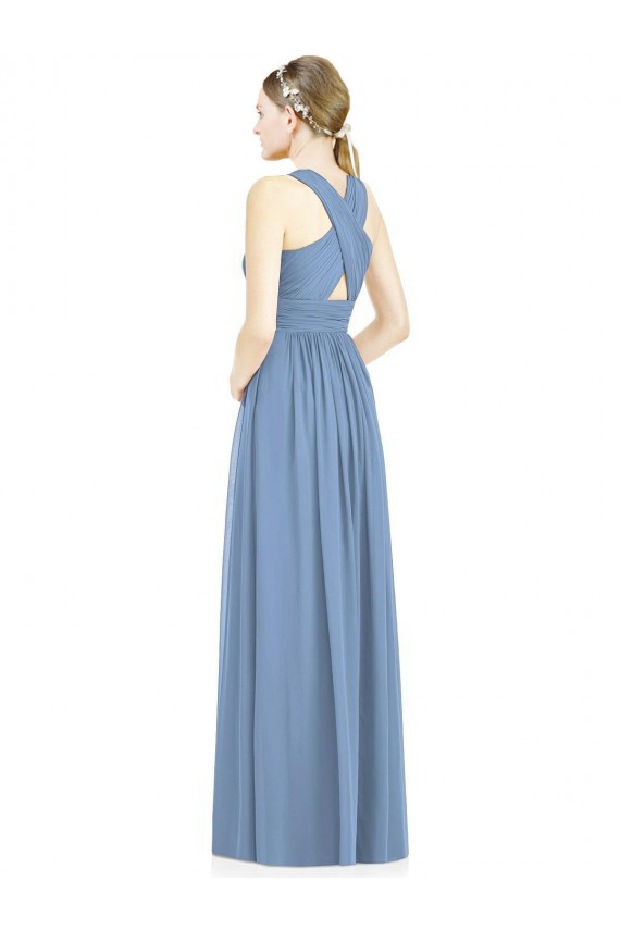 Compre Azul polvoriento línea A Cuello en V Gasa Largo Vestidos de dama de honor