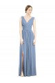 Compre Azul polvoriento línea A Cuello en V Gasa Largo Vestidos de dama de honor