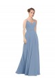 Compre Azul polvoriento línea A Cuello en V Gasa Largo Vestidos de dama de honor