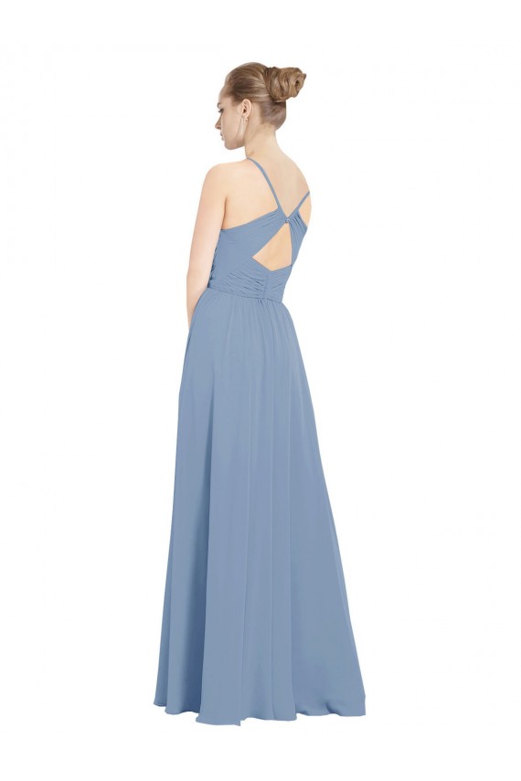 Compre Azul polvoriento línea A Cuello en V Gasa Largo Vestidos de dama de honor