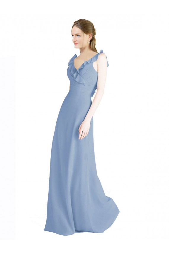 Compre Azul polvoriento línea A Cuello en V Gasa Largo Vestidos de dama de honor