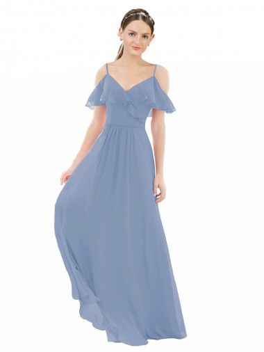 Compre Azul polvoriento línea A Cuello en V Gasa Largo Vestidos de dama de honor