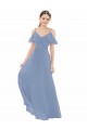Compre Azul polvoriento línea A Cuello en V Gasa Largo Vestidos de dama de honor