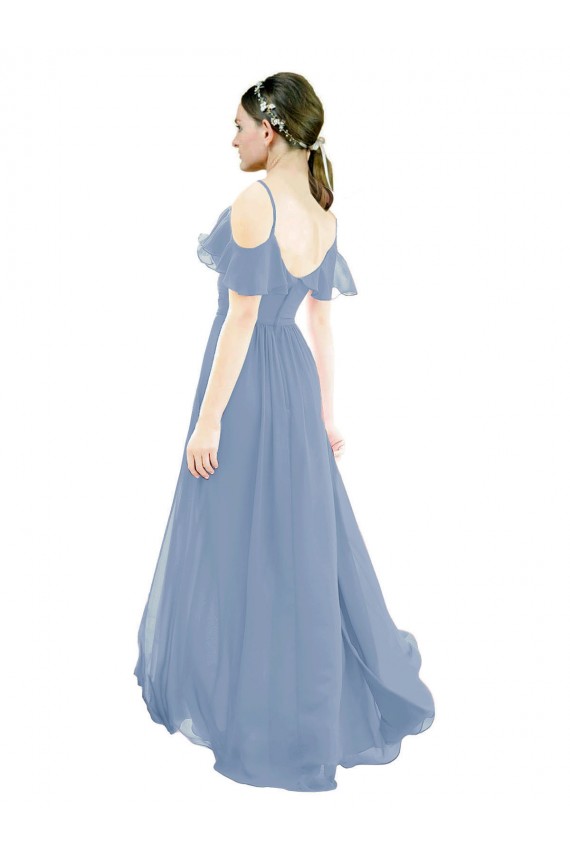 Compre Azul polvoriento línea A Cuello en V Gasa Largo Vestidos de dama de honor