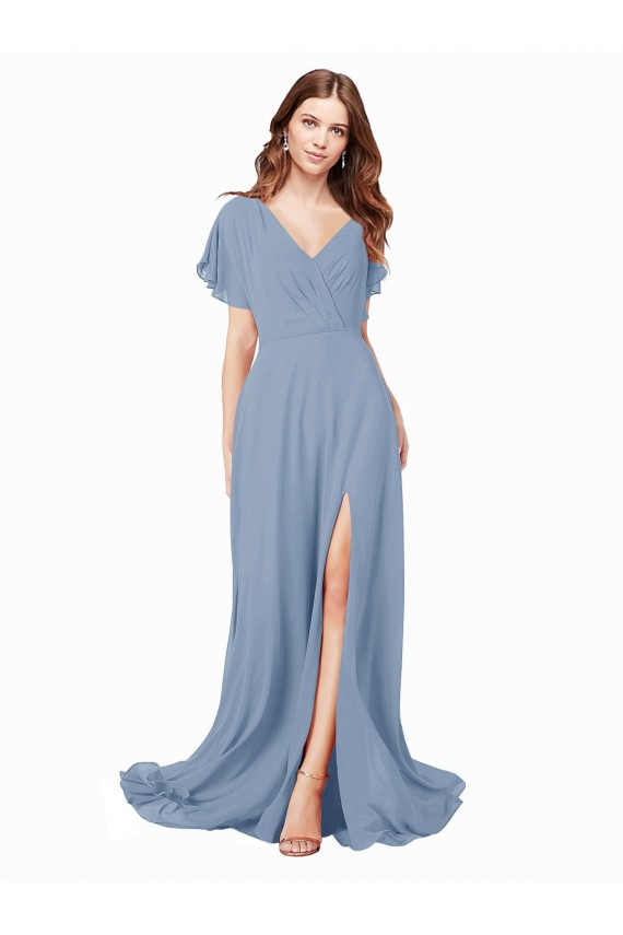 Compre Azul polvoriento línea A Cuello en V Gasa Largo Vestidos de dama de honor / Vestidos de fiesta