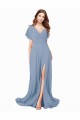 Compre Azul polvoriento línea A Cuello en V Gasa Largo Vestidos de dama de honor / Vestidos de fiesta