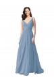 Compre Azul polvoriento línea A Cuello en V Gasa Largo Vestidos de dama de honor