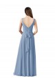 Compre Azul polvoriento línea A Cuello en V Gasa Largo Vestidos de dama de honor