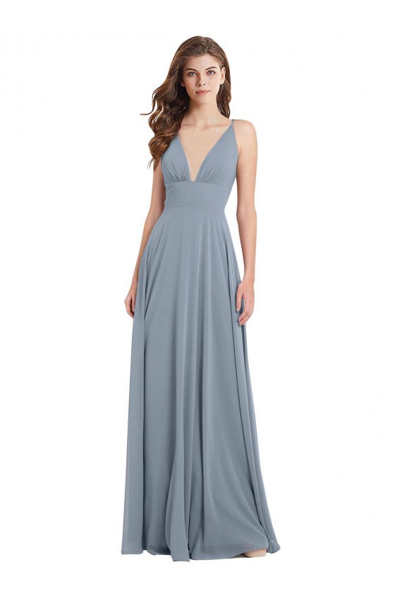 Compre Azul polvoriento línea A Cuello en V Gasa Largo Vestidos de dama de honor