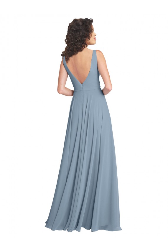 Compre Azul polvoriento línea A Cuello en V Gasa Largo Vestidos de dama de honor