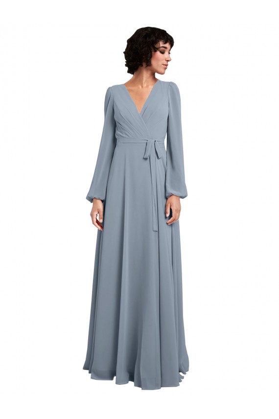 Compre Azul polvoriento línea A Cuello en V Gasa Largo Vestidos de dama de honor