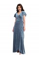 Compre Azul polvoriento línea A Cuello en V Terciopelo Elástico Largo Vestidos de dama de honor / Vestidos de fiesta