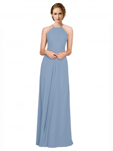 Compre Azul polvoriento línea A Halter Cuello Alto Gasa Largo Vestidos de dama de honor