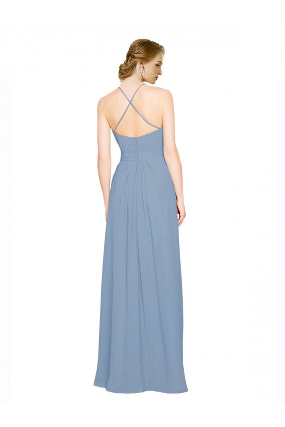 Compre Azul polvoriento línea A Halter Cuello Alto Gasa Largo Vestidos de dama de honor