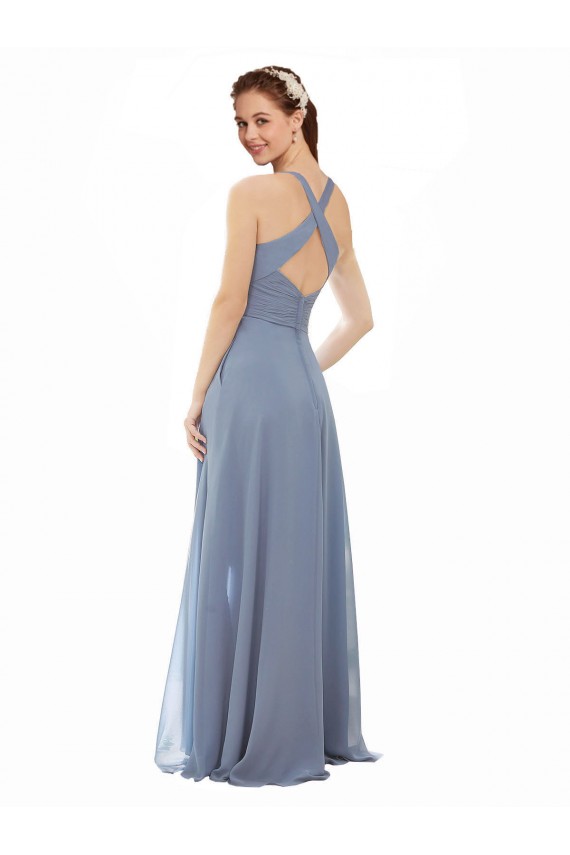 Compre Azul polvoriento línea A Halter Cuello Alto Gasa Largo Vestidos de dama de honor