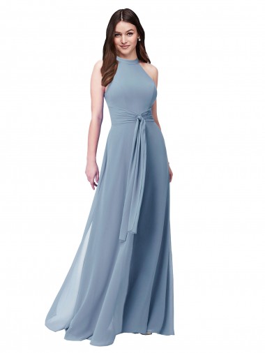 Compre Azul polvoriento línea A Halter Cuello Alto Gasa Largo Vestidos de dama de honor