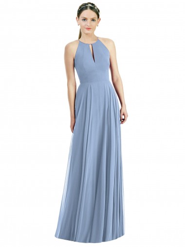 Compre Azul polvoriento línea A Halter Gasa Largo Vestidos de dama de honor