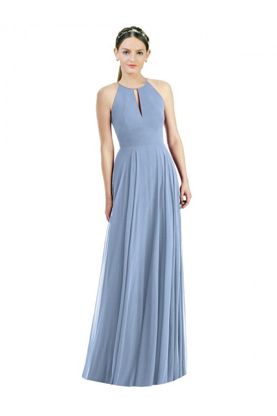Compre Azul polvoriento línea A Halter Gasa Largo Vestidos de dama de honor