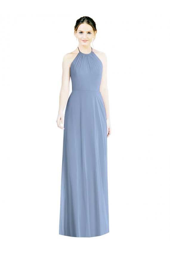 Compre Azul polvoriento línea A Halter Gasa Largo Vestidos de dama de honor