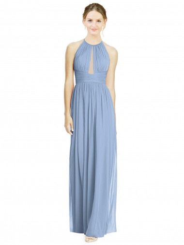 Compre Azul polvoriento línea A Halter Gasa Largo Vestidos de dama de honor