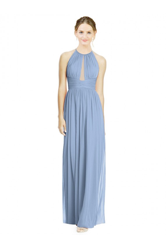 Compre Azul polvoriento línea A Halter Gasa Largo Vestidos de dama de honor