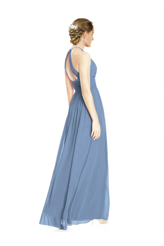 Compre Azul polvoriento línea A Halter Gasa Largo Vestidos de dama de honor